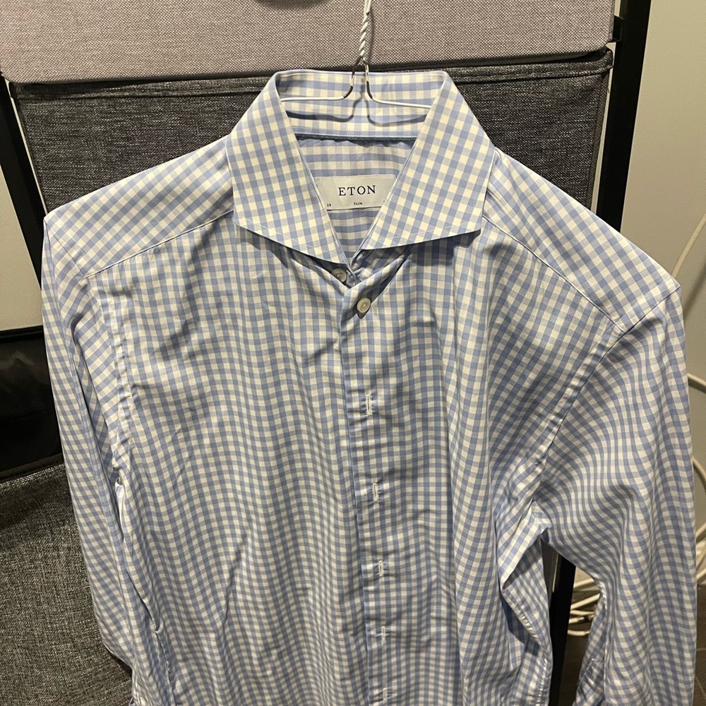 ETON men’s button down shirt - white with light blue checkers - size 15 1/2/39
